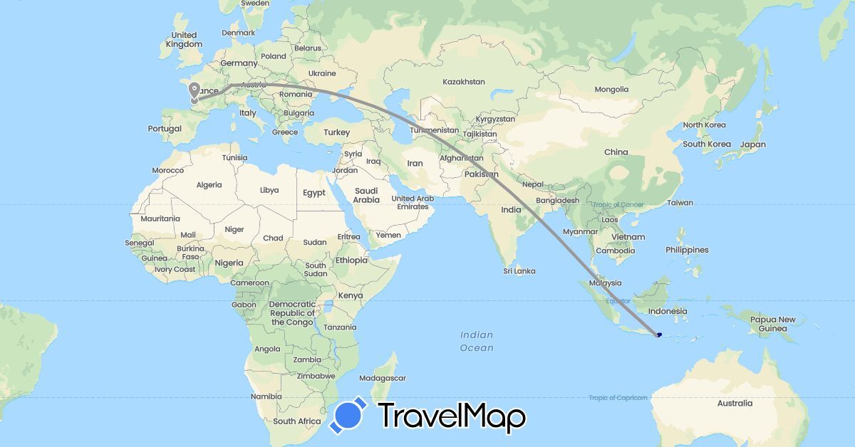 TravelMap itinerary: driving, plane, hiking in Switzerland, France, Indonesia, Singapore (Asia, Europe)
